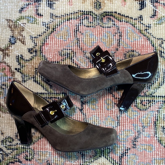 Womens FRANCO SARTO Thick heeled PUMPS W/ Buckle Strap Brown Suede & Patent!👠❤️ - Picture 1 of 10